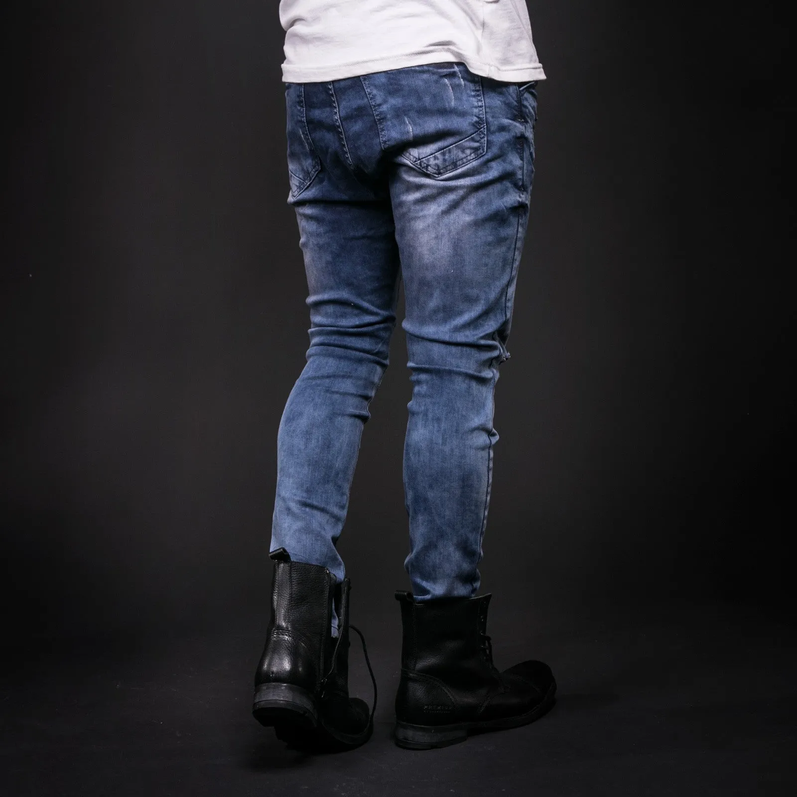 Men Skinny Fit Wrinkled Ripped Distressed Jeans - Blue