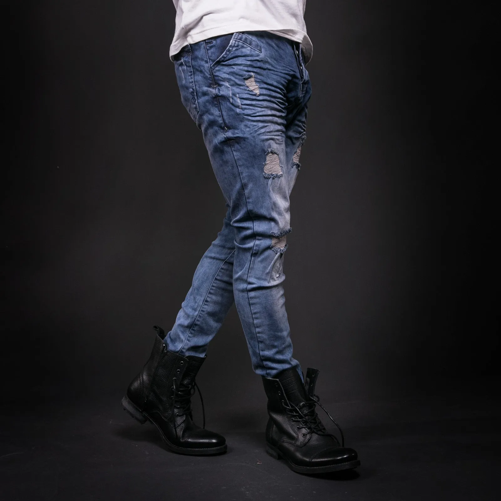 Men Skinny Fit Wrinkled Ripped Distressed Jeans - Blue