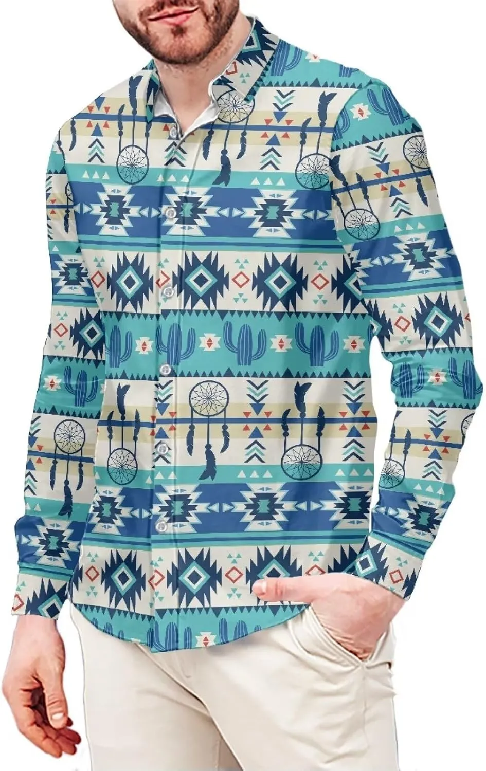 Men's Hawaiian Dress Shirt Casual Long Sleeve Button Down Shirt Tropical Beach Tops for Wedding, Party, Work