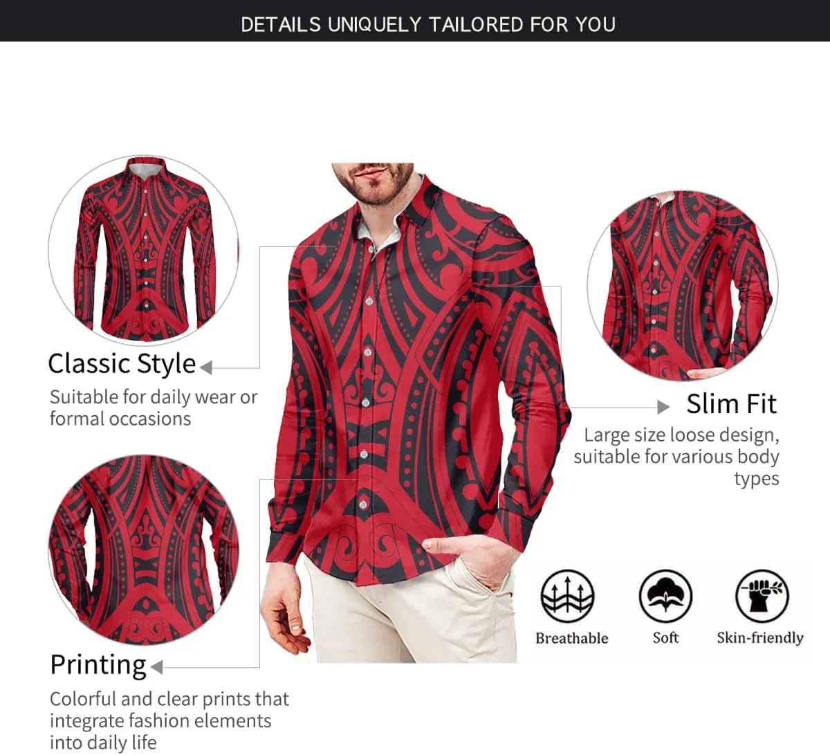 Men's Hawaiian Dress Shirt Casual Long Sleeve Button Down Shirt Tropical Beach Tops for Wedding, Party, Work