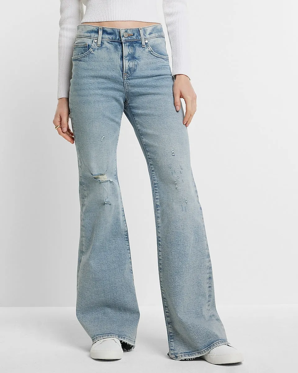 Mid Rise Light Wash Ripped 70S Flare Jeans in Light Wash