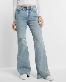 Mid Rise Light Wash Ripped 70S Flare Jeans in Light Wash