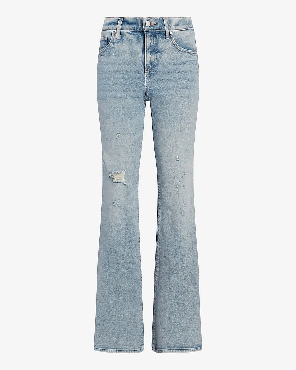 Mid Rise Light Wash Ripped 70S Flare Jeans in Light Wash