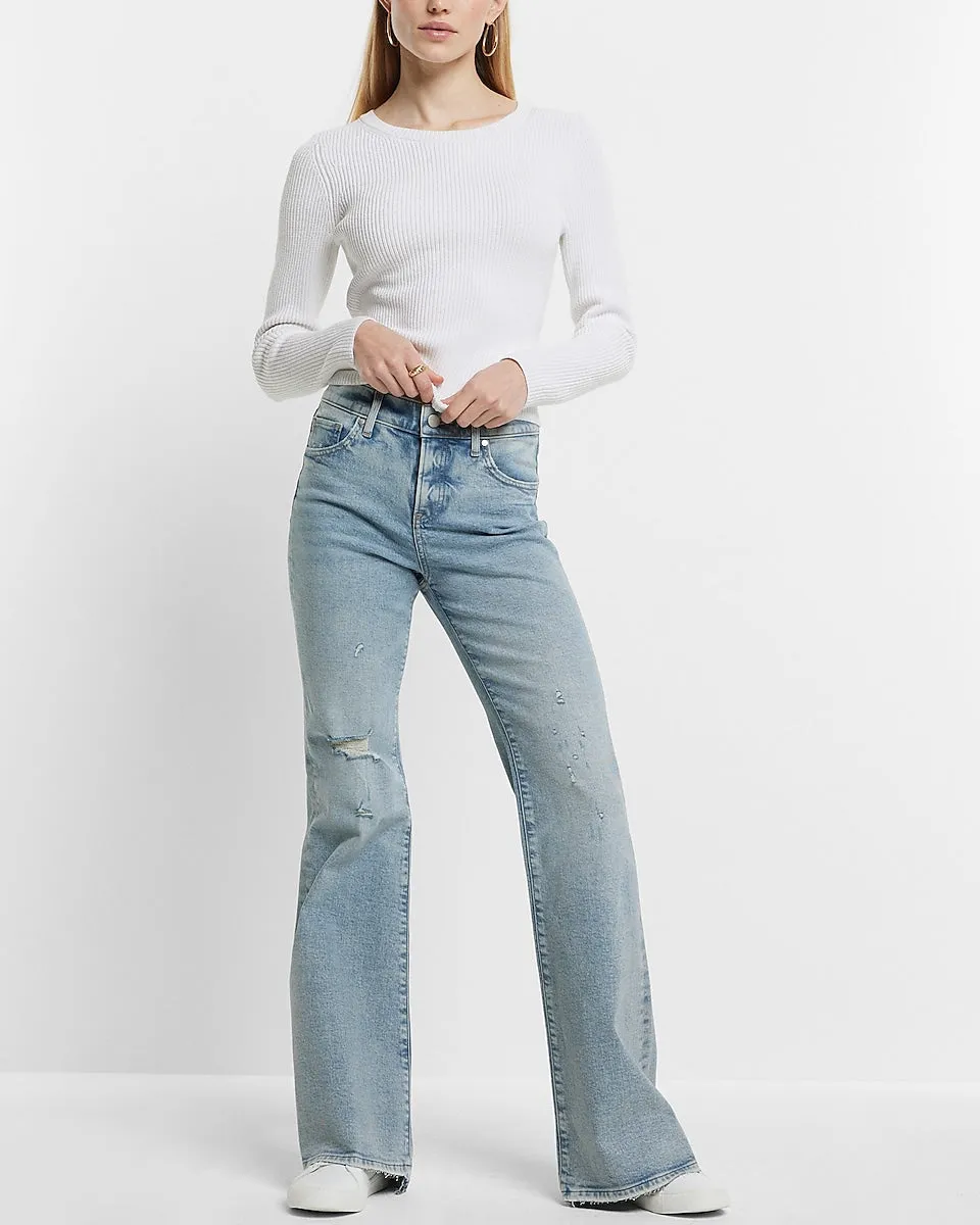 Mid Rise Light Wash Ripped 70S Flare Jeans in Light Wash
