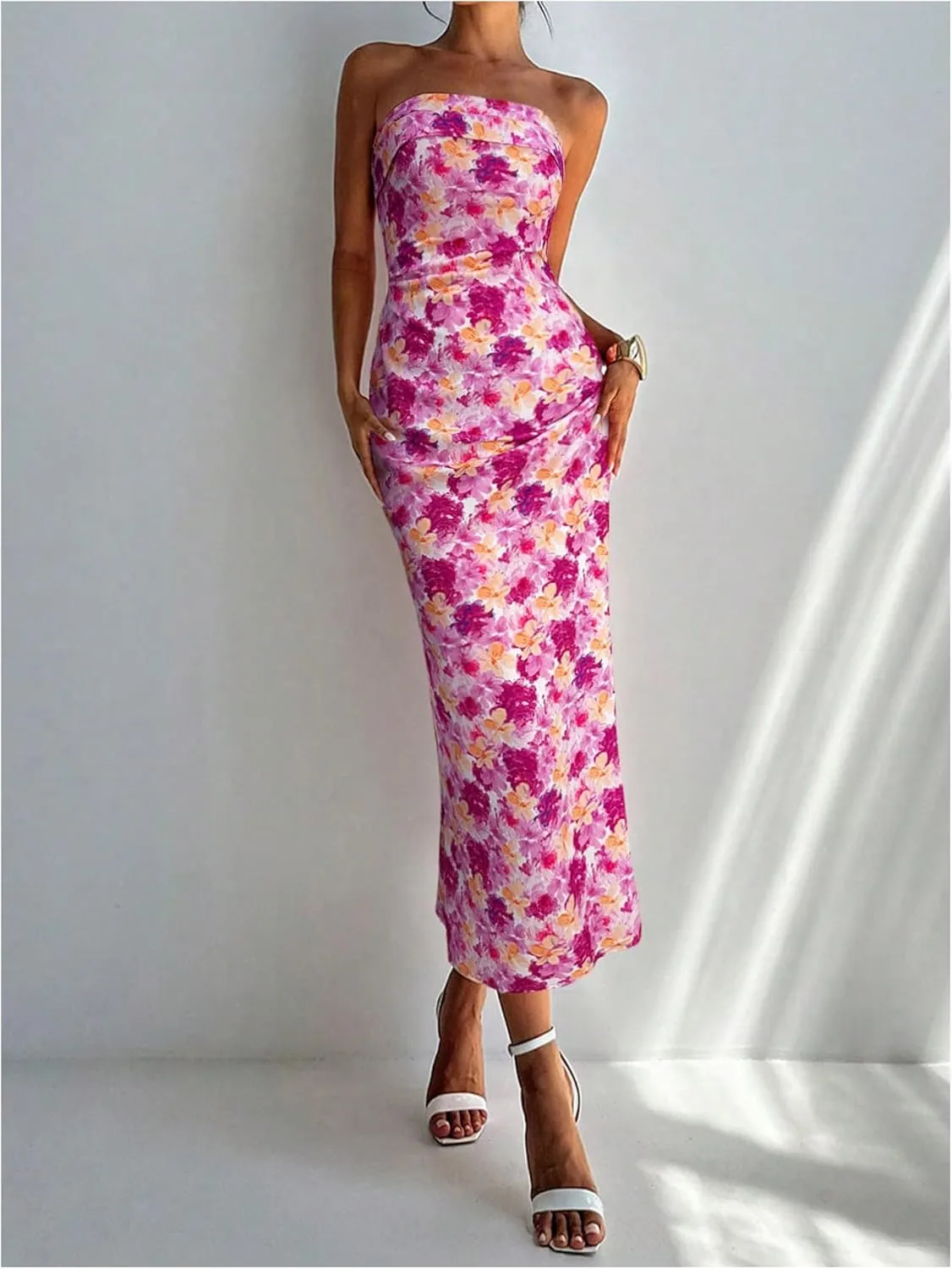 Milumia Women's Boho Floral Tube Dress Wedding Guest Strapless Backless Bodycon Cocktail Summer Long Dresses