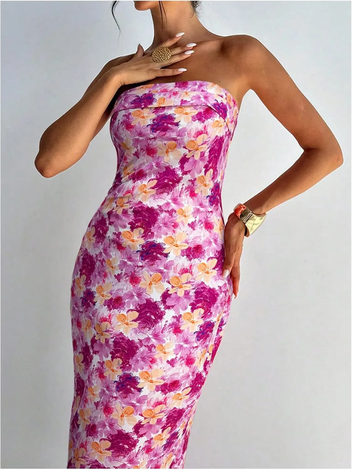 Milumia Women's Boho Floral Tube Dress Wedding Guest Strapless Backless Bodycon Cocktail Summer Long Dresses