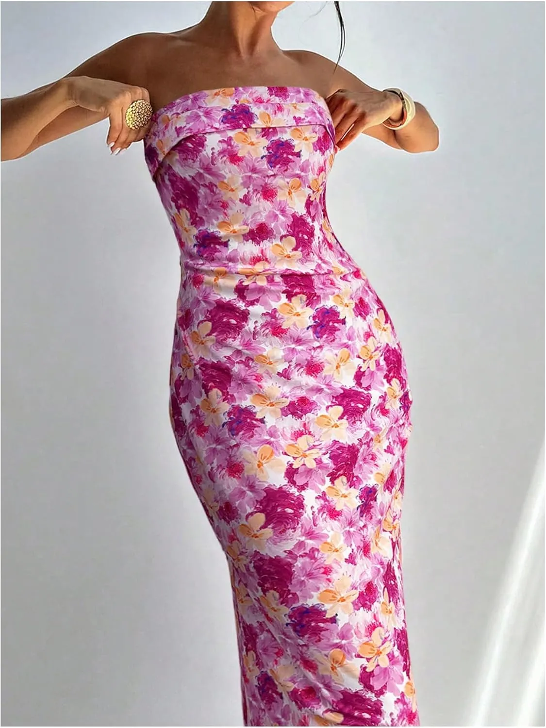 Milumia Women's Boho Floral Tube Dress Wedding Guest Strapless Backless Bodycon Cocktail Summer Long Dresses