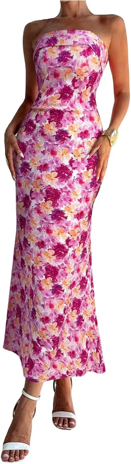 Milumia Women's Boho Floral Tube Dress Wedding Guest Strapless Backless Bodycon Cocktail Summer Long Dresses