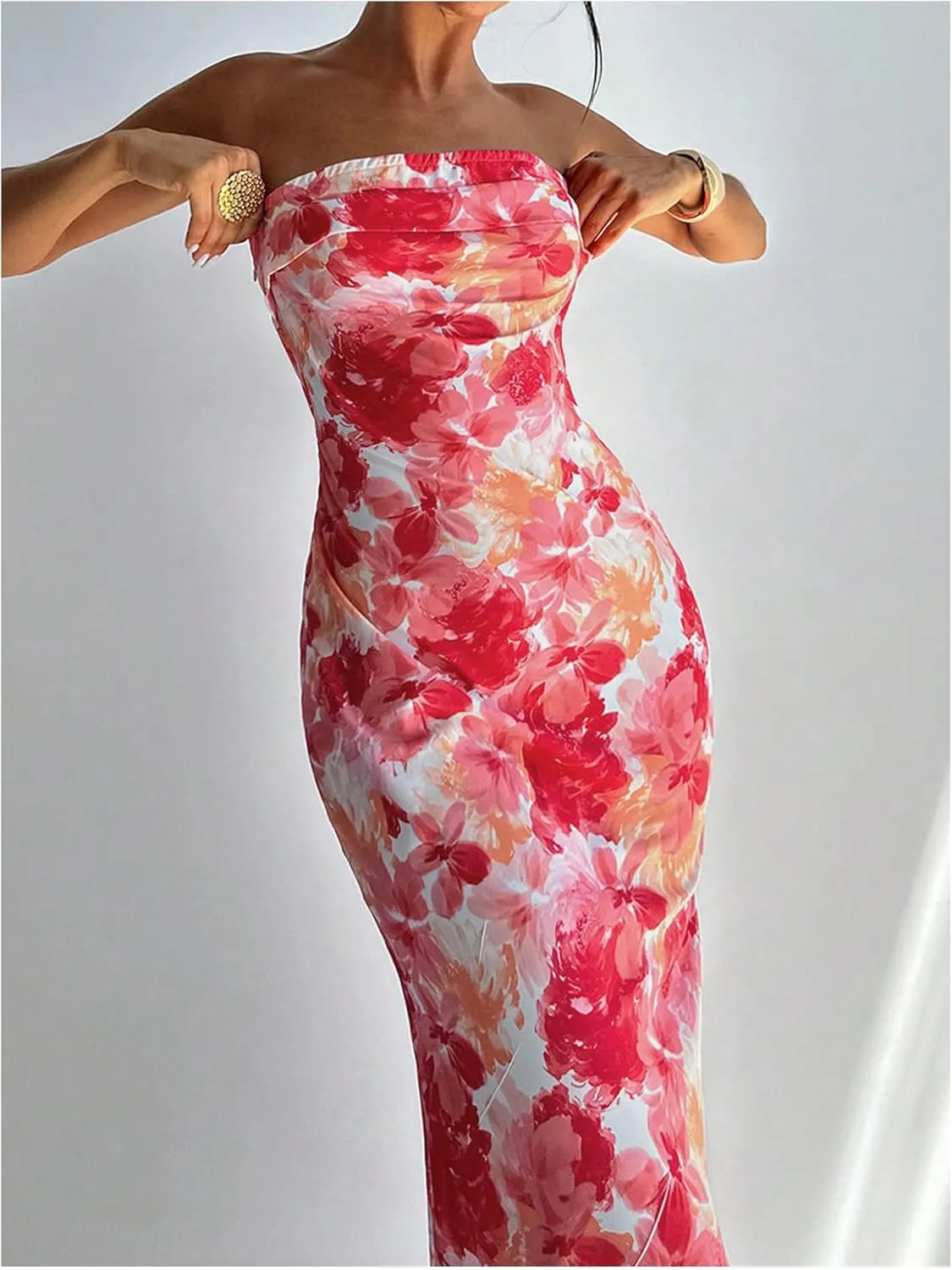 Milumia Women's Boho Floral Tube Dress Wedding Guest Strapless Backless Bodycon Cocktail Summer Long Dresses