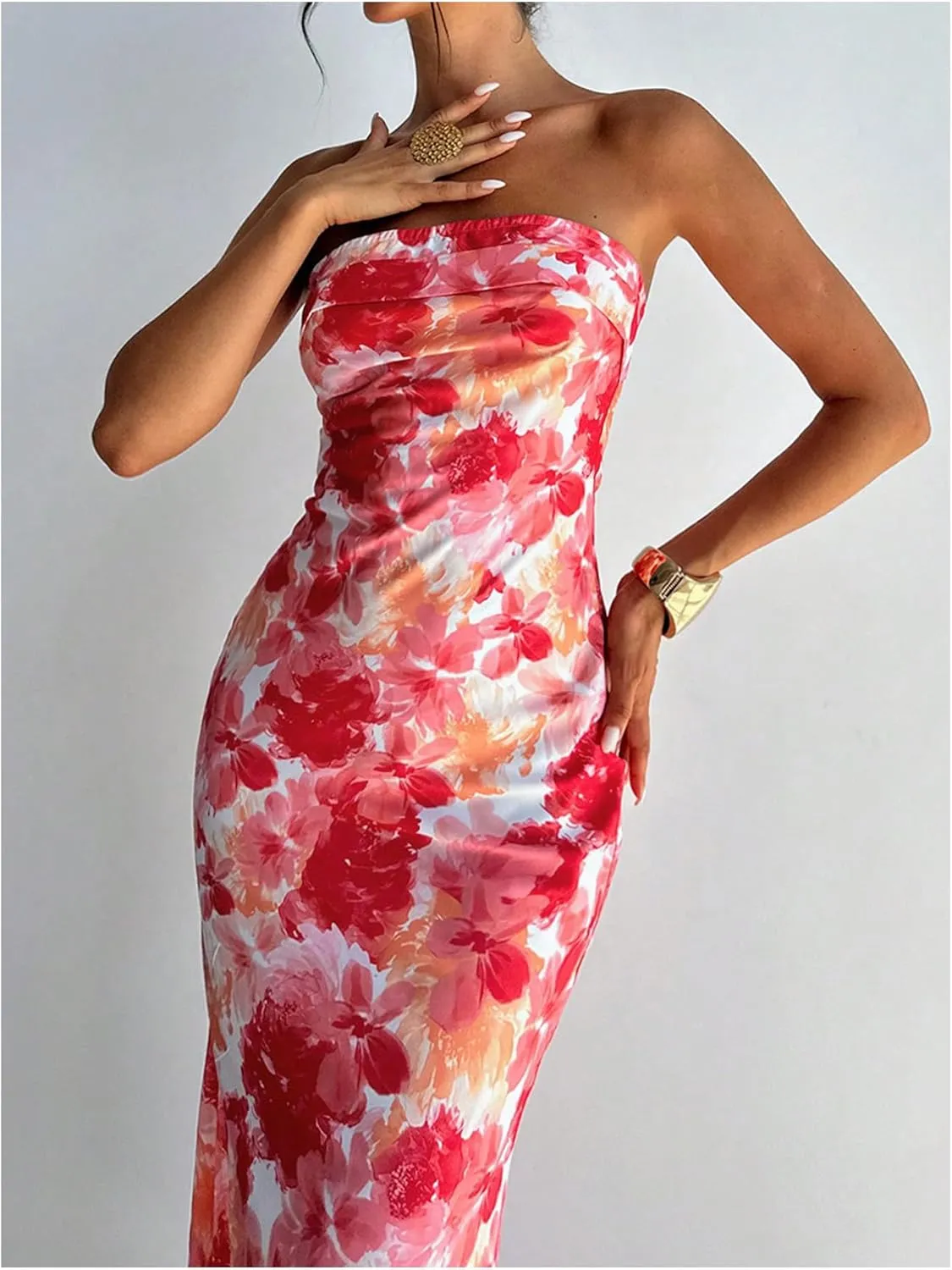 Milumia Women's Boho Floral Tube Dress Wedding Guest Strapless Backless Bodycon Cocktail Summer Long Dresses