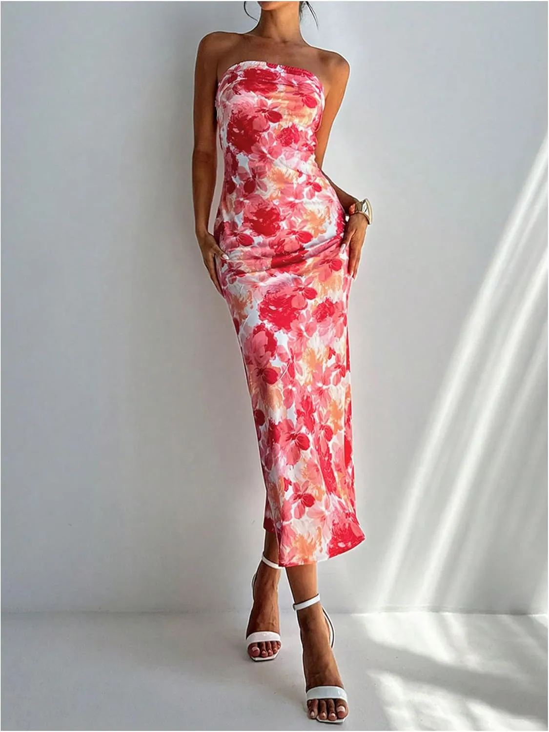 Milumia Women's Boho Floral Tube Dress Wedding Guest Strapless Backless Bodycon Cocktail Summer Long Dresses