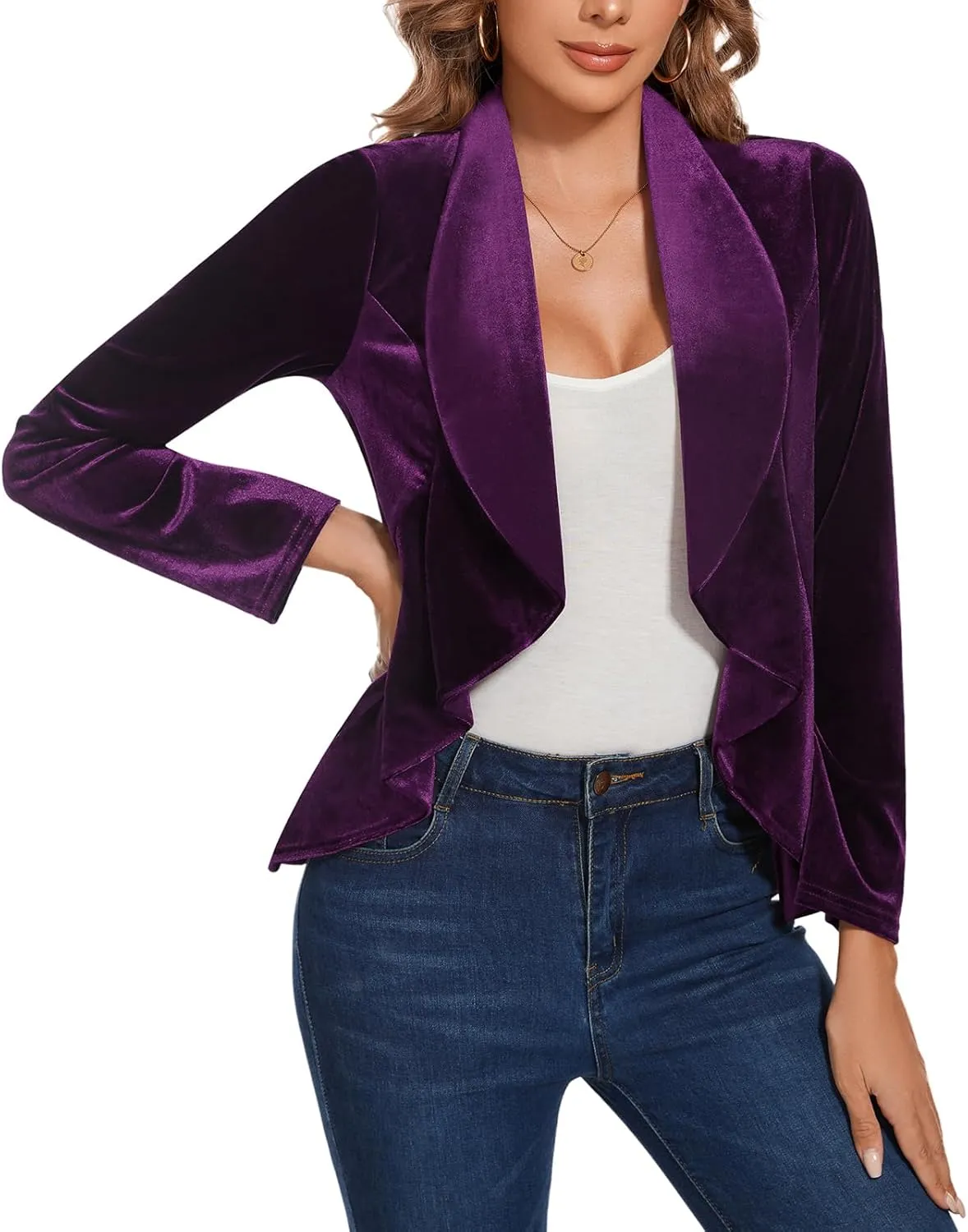 MINTLIMIT Velvet Blazers for Women Casual Work Office Long Sleeve Open Front Cardigan Ruffle Suit Jacket Coat Blazer