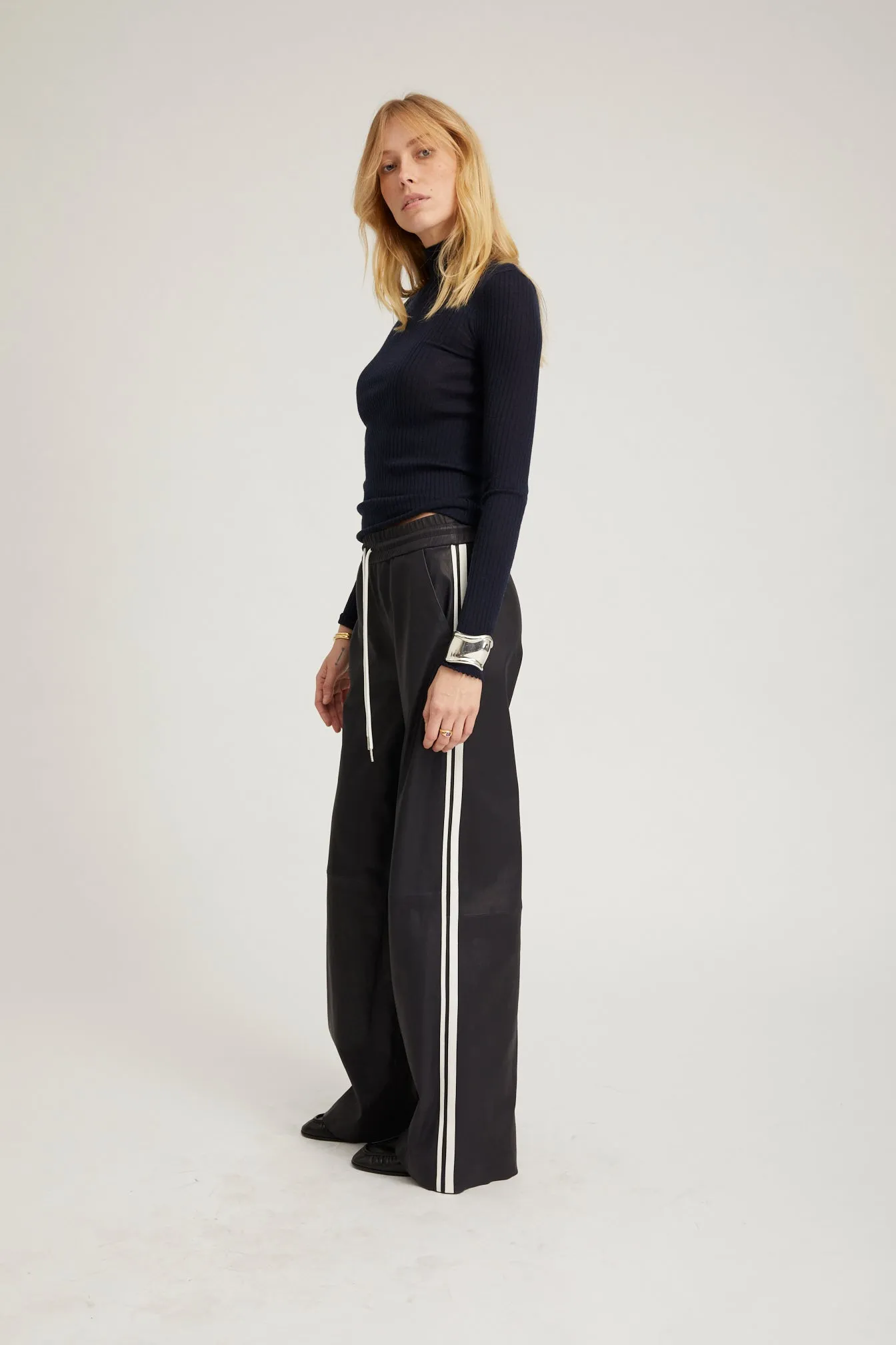Navy Leather Baggy Athletic Pants