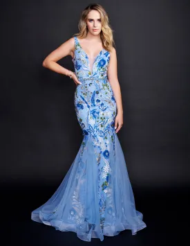 Nina Canacci 8215 Blue Floral Sequins Print Prom Dress