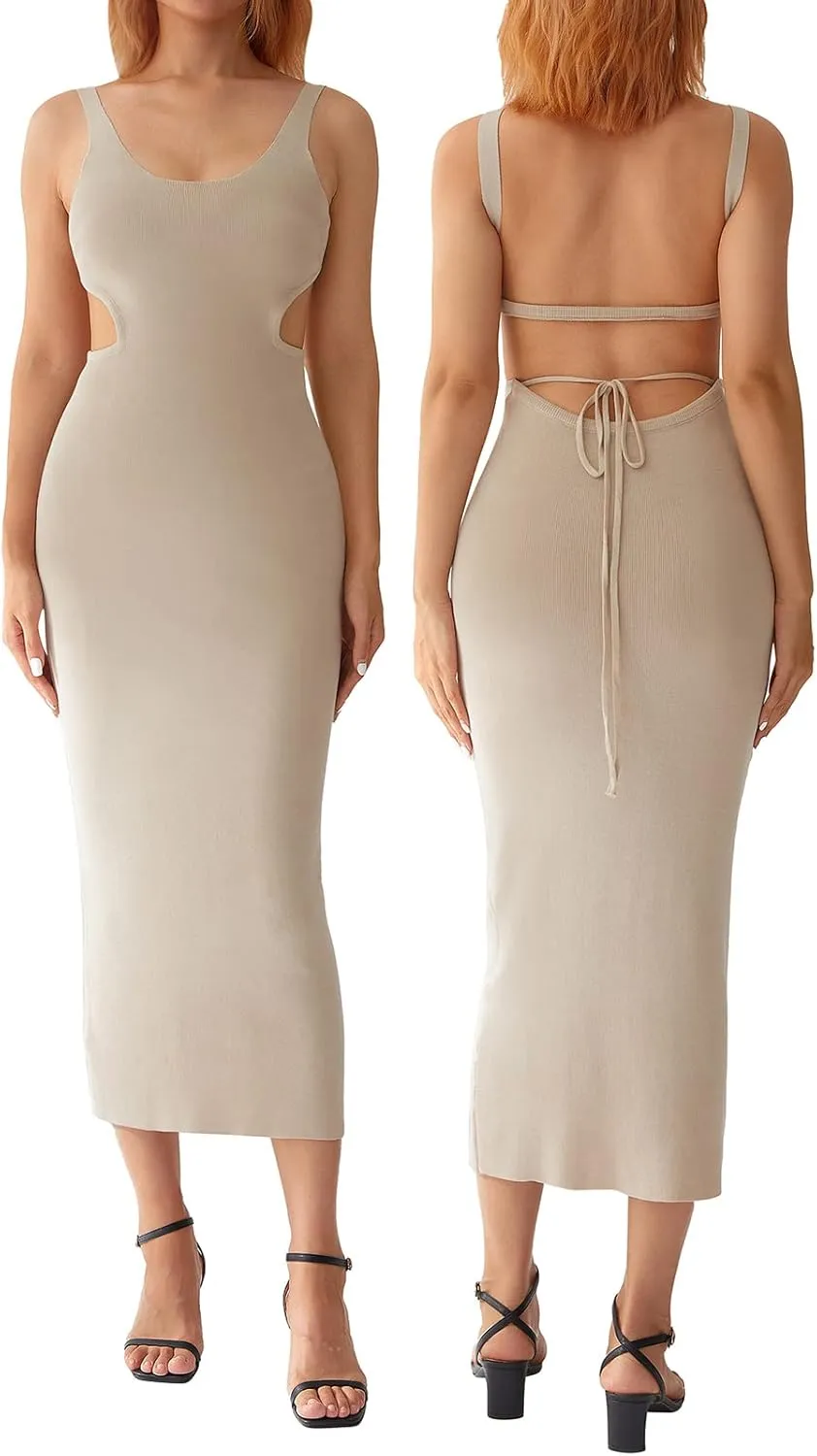 NUFIWI Women Backless Hollow Out Long Dress Sexy Knitted Maxi Dress Bodycon Spaghetti Strap Cocktail Party Midi Dress