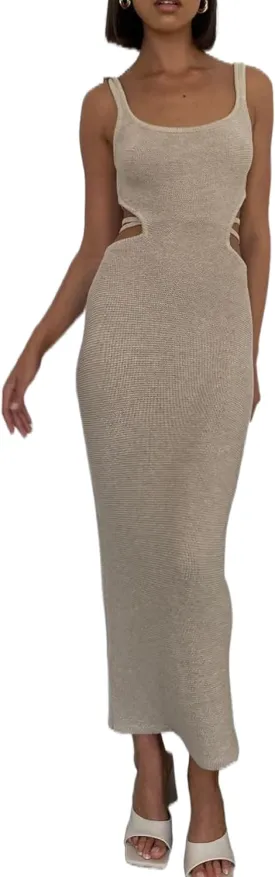 NUFIWI Women Backless Hollow Out Long Dress Sexy Knitted Maxi Dress Bodycon Spaghetti Strap Cocktail Party Midi Dress