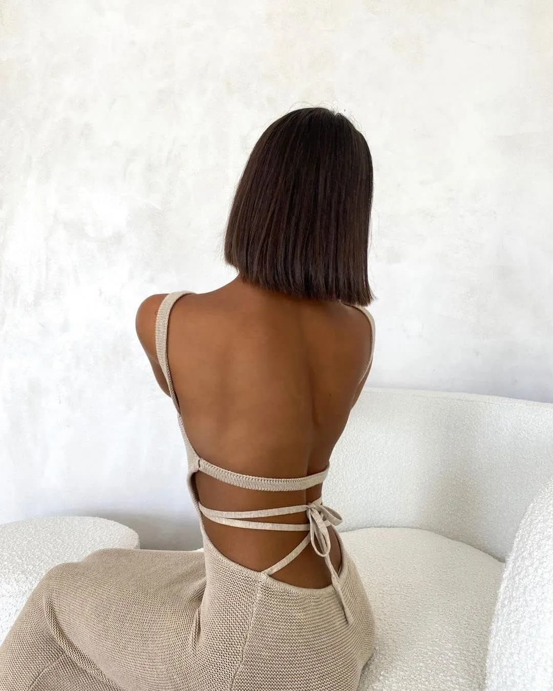 NUFIWI Women Backless Hollow Out Long Dress Sexy Knitted Maxi Dress Bodycon Spaghetti Strap Cocktail Party Midi Dress
