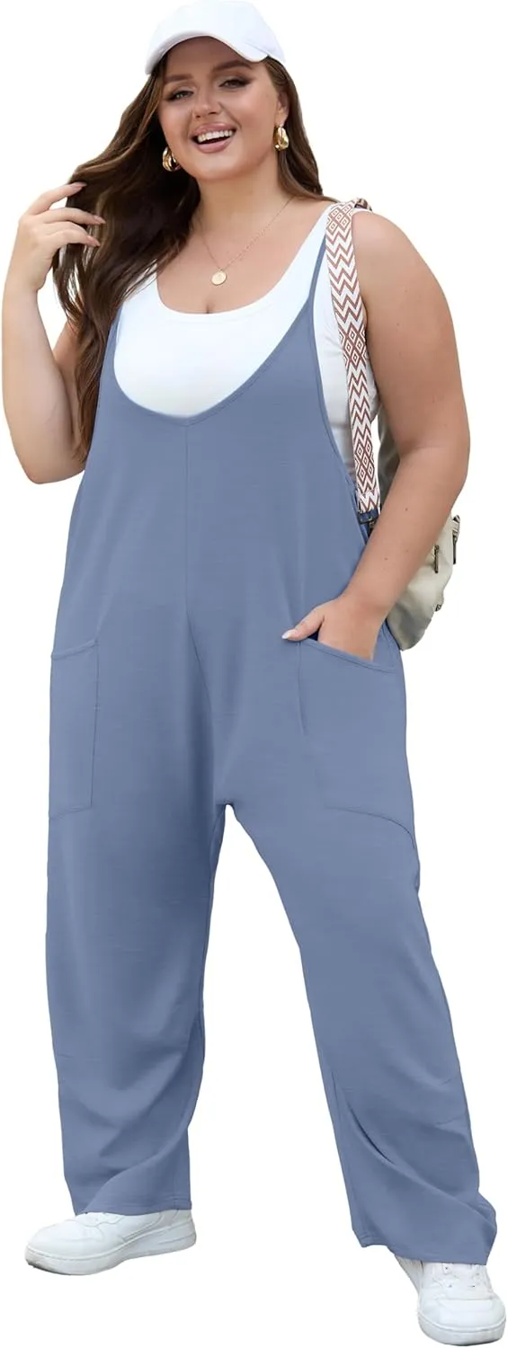 OLRIK 2025 Summer Women Plus Size Jumpsuit Adjustable Strap Overalls Loose Fit Stretchy Romper With Pockets