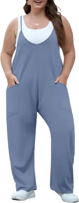 OLRIK 2025 Summer Women Plus Size Jumpsuit Adjustable Strap Overalls Loose Fit Stretchy Romper With Pockets