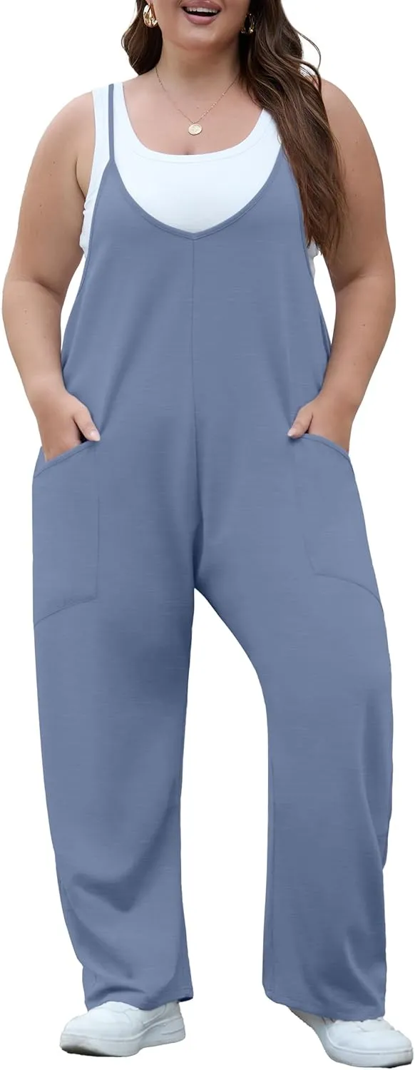 OLRIK 2025 Summer Women Plus Size Jumpsuit Adjustable Strap Overalls Loose Fit Stretchy Romper With Pockets