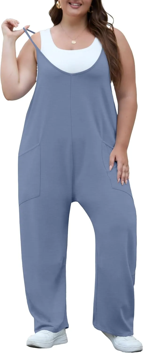OLRIK 2025 Summer Women Plus Size Jumpsuit Adjustable Strap Overalls Loose Fit Stretchy Romper With Pockets