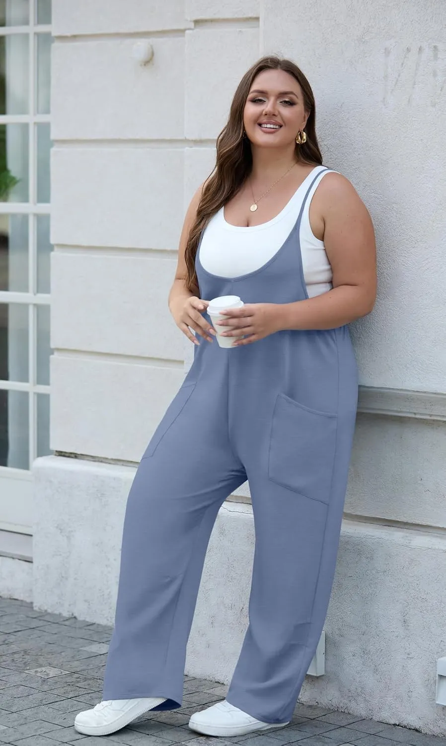 OLRIK 2025 Summer Women Plus Size Jumpsuit Adjustable Strap Overalls Loose Fit Stretchy Romper With Pockets