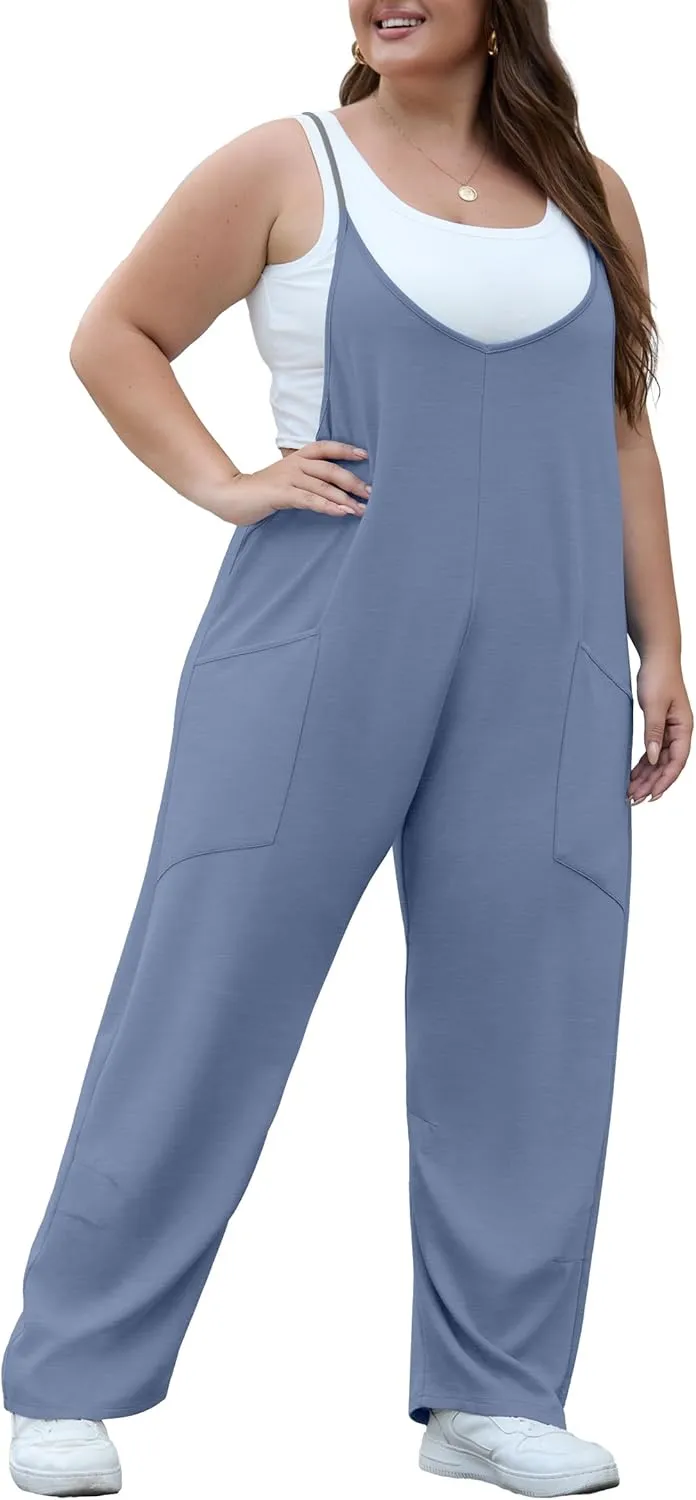 OLRIK 2025 Summer Women Plus Size Jumpsuit Adjustable Strap Overalls Loose Fit Stretchy Romper With Pockets