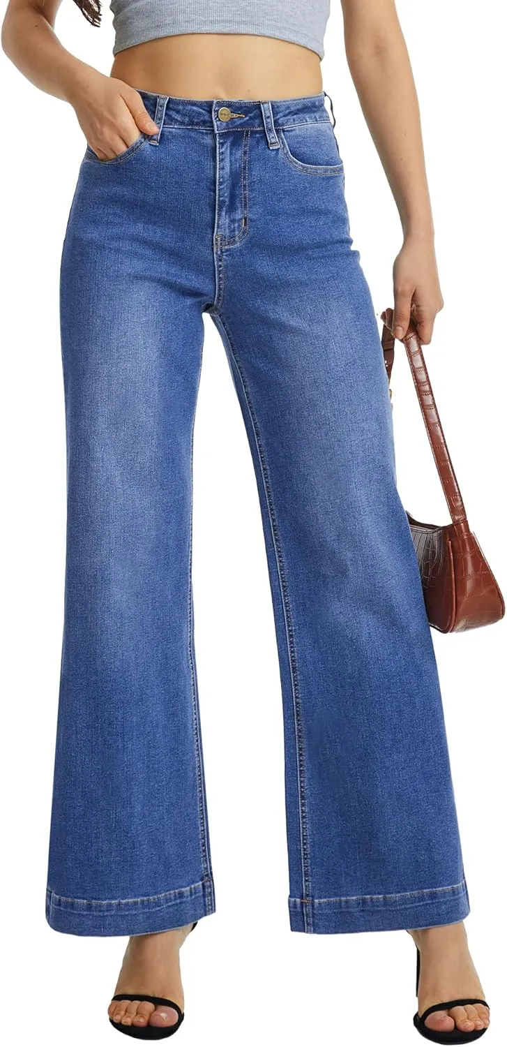 ONESO Flare Jeans for Women High Waist Wide Leg Womens Jeans Stretch Tummy Control Baggy Denim Pants Inseam 30"