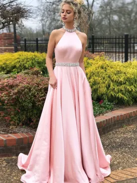 Pink Halter Neck Backless Beading Satin Long Prom Dresses, Backless Pink Formal Graduation Evening Dresses