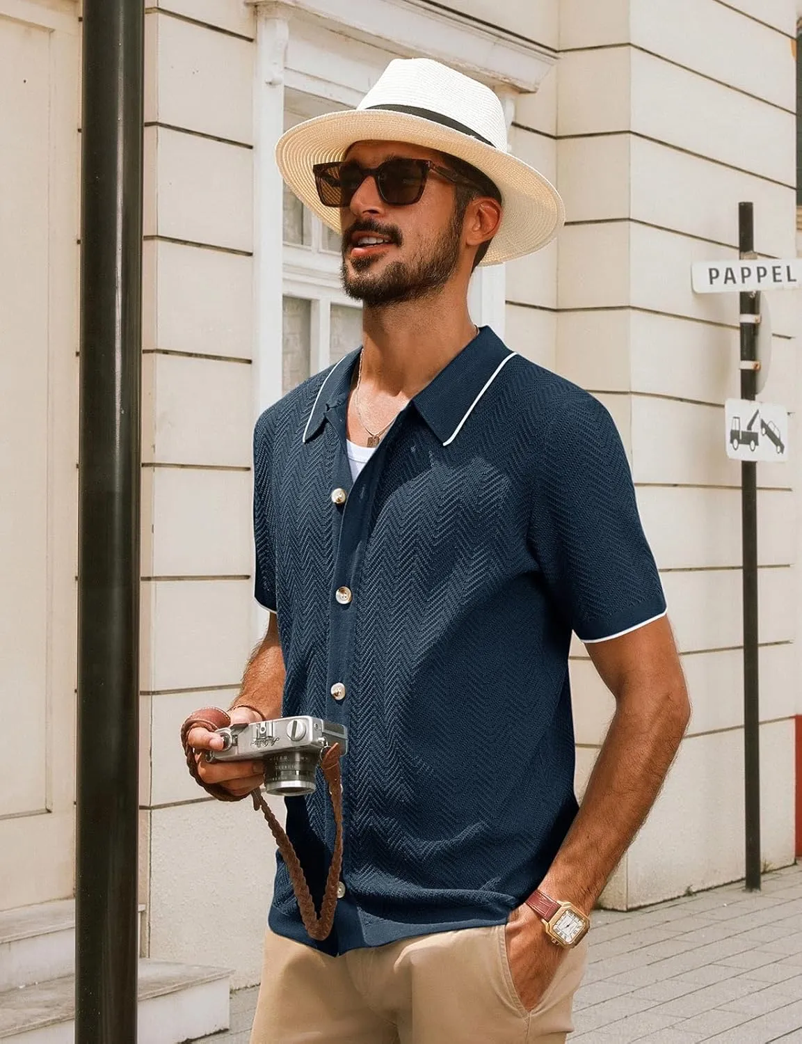 PJ PAUL JONES Men's Knit Polo Shirt Short Sleeve Button Down Shirt Vintage Summer Beach Shirts