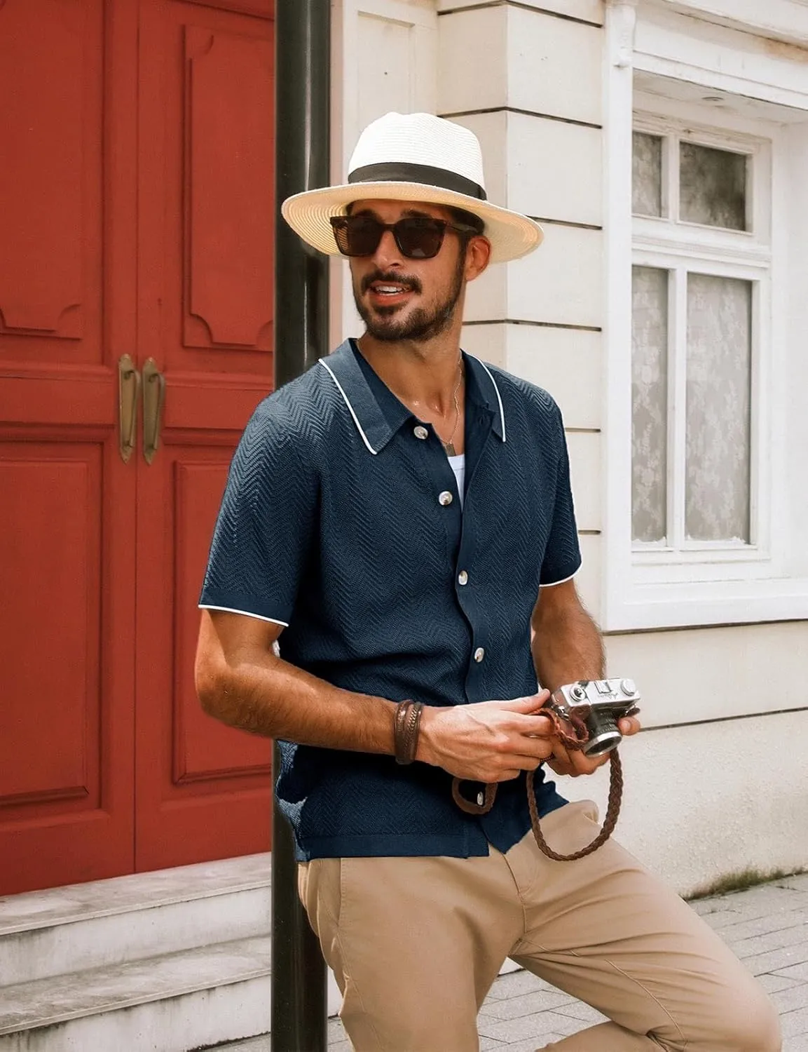 PJ PAUL JONES Men's Knit Polo Shirt Short Sleeve Button Down Shirt Vintage Summer Beach Shirts