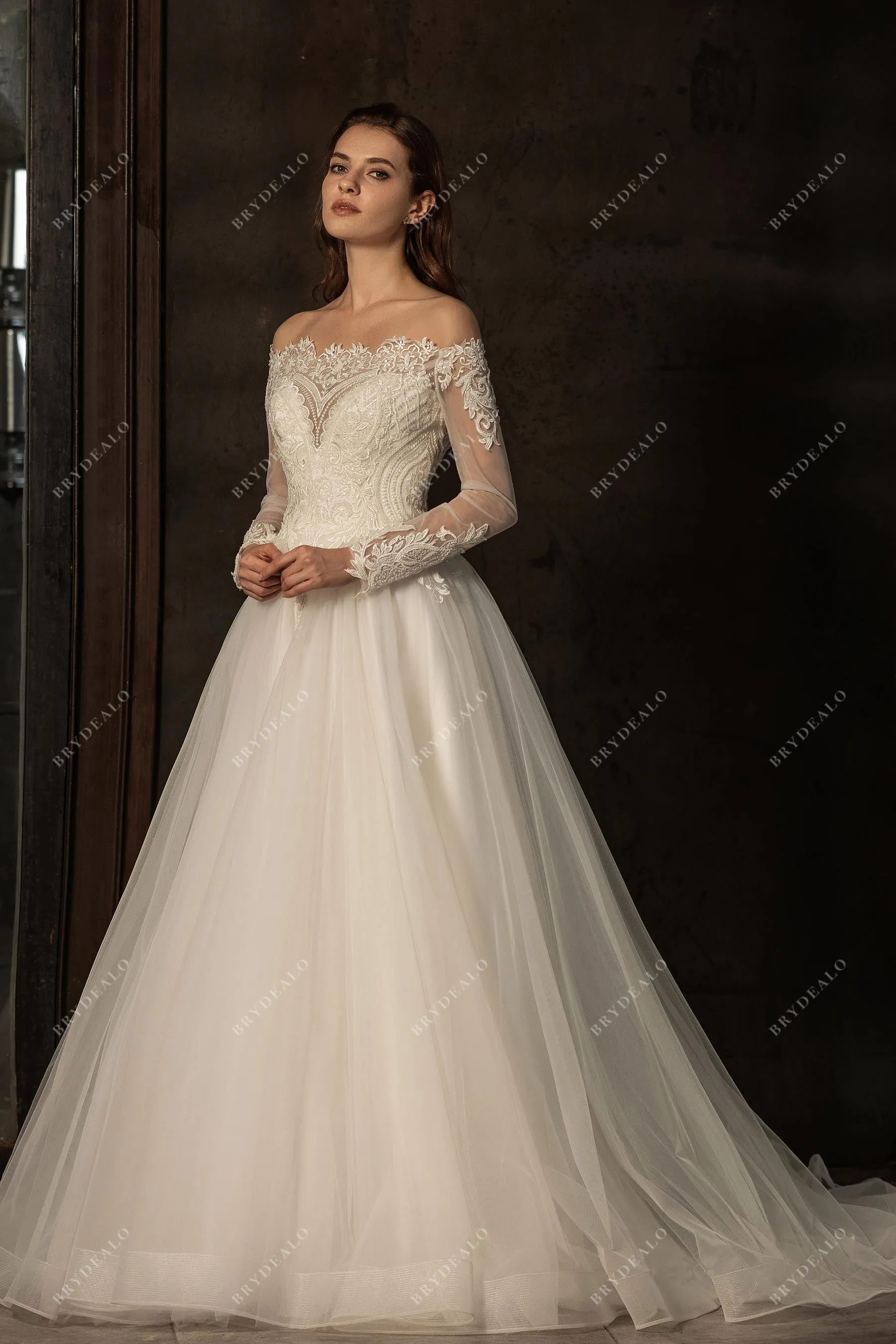 Plus Size Off shoulder Sheer Sleeve Lace Elegant Wedding Dress