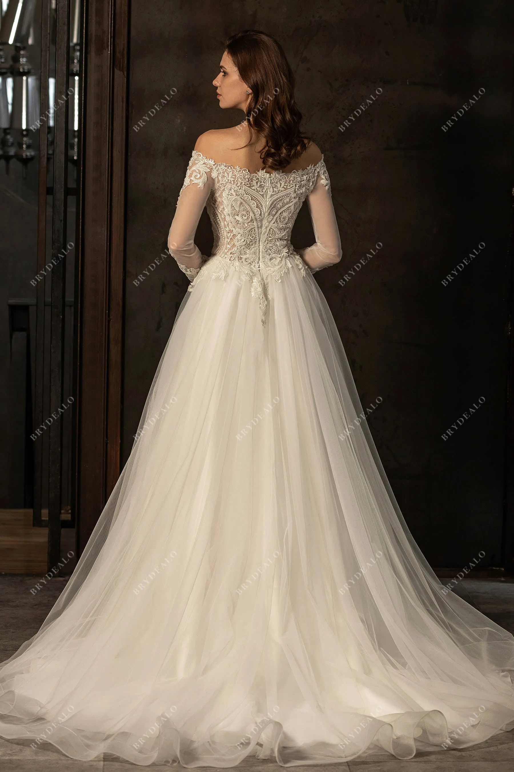 Plus Size Off shoulder Sheer Sleeve Lace Elegant Wedding Dress
