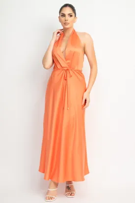 "Something Satin" Halter Belted Maxi Dress