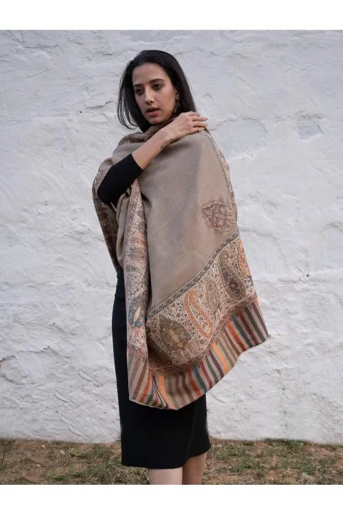 Regal Statement. Exclusive Soft Jamavar Design Kashmiri Shawl - Elegant Beige