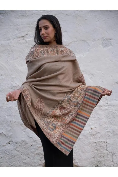 Regal Statement. Exclusive Soft Jamavar Design Kashmiri Shawl - Elegant Beige