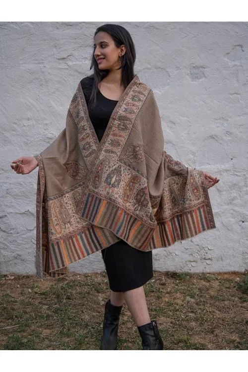 Regal Statement. Exclusive Soft Jamavar Design Kashmiri Shawl - Elegant Beige
