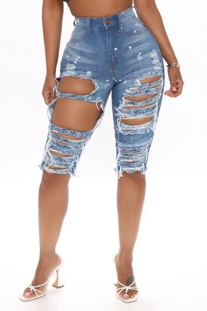 Ripped Jeans Summer Knee Length Jeans