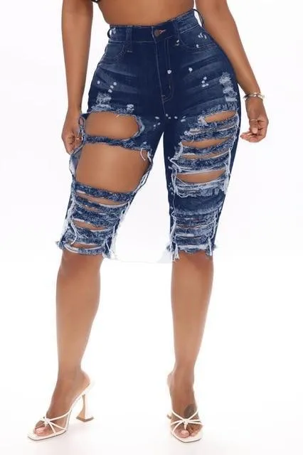 Ripped Jeans Summer Knee Length Jeans