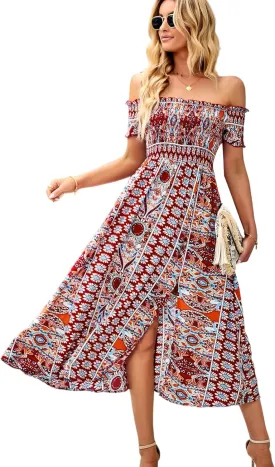 ROYUNA Women's Off The Shoulder Dresses Boho Flowy Smocked Maxi Sundress Beach Vacation Summer Dress 2024