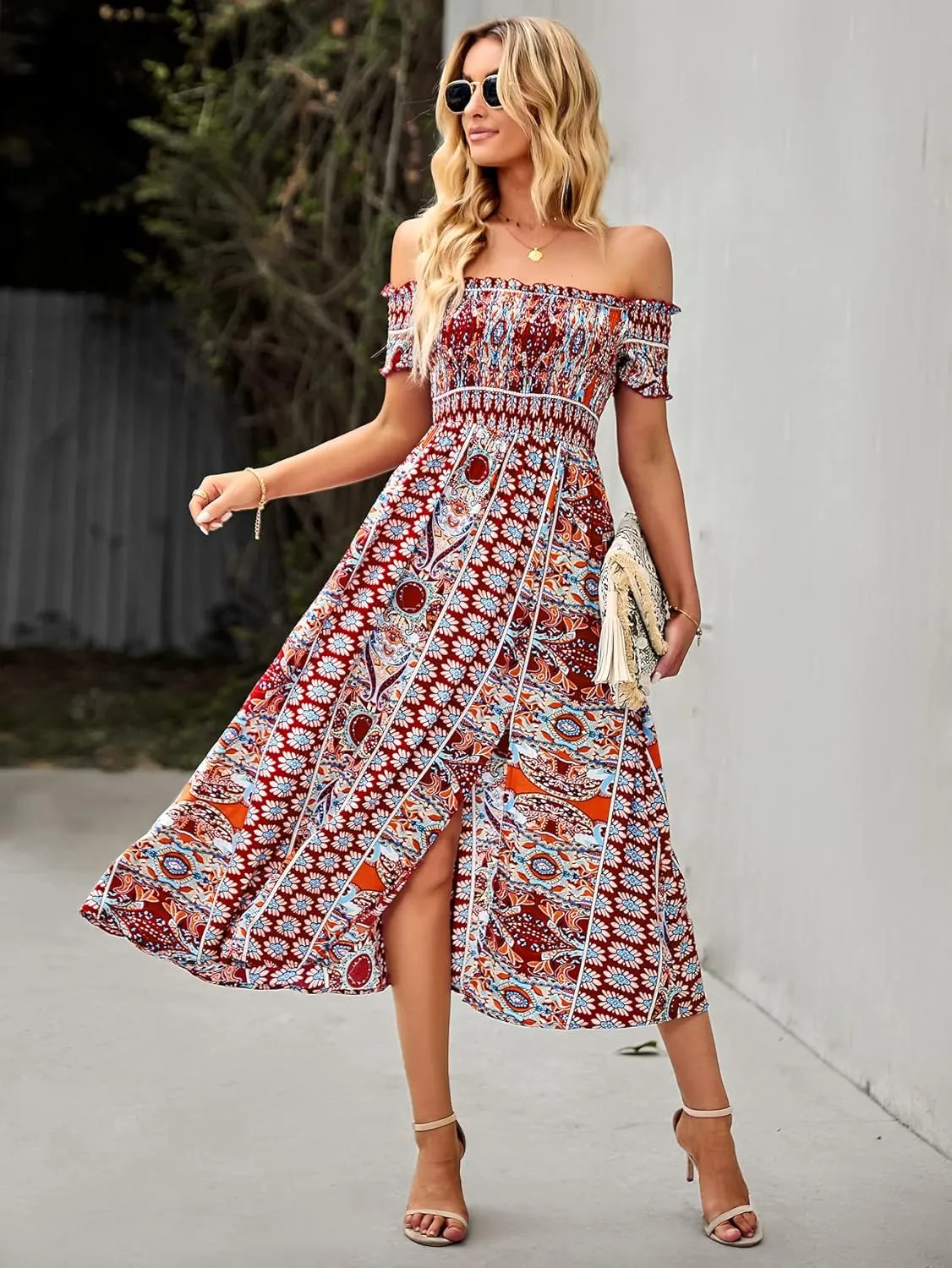 ROYUNA Women's Off The Shoulder Dresses Boho Flowy Smocked Maxi Sundress Beach Vacation Summer Dress 2024
