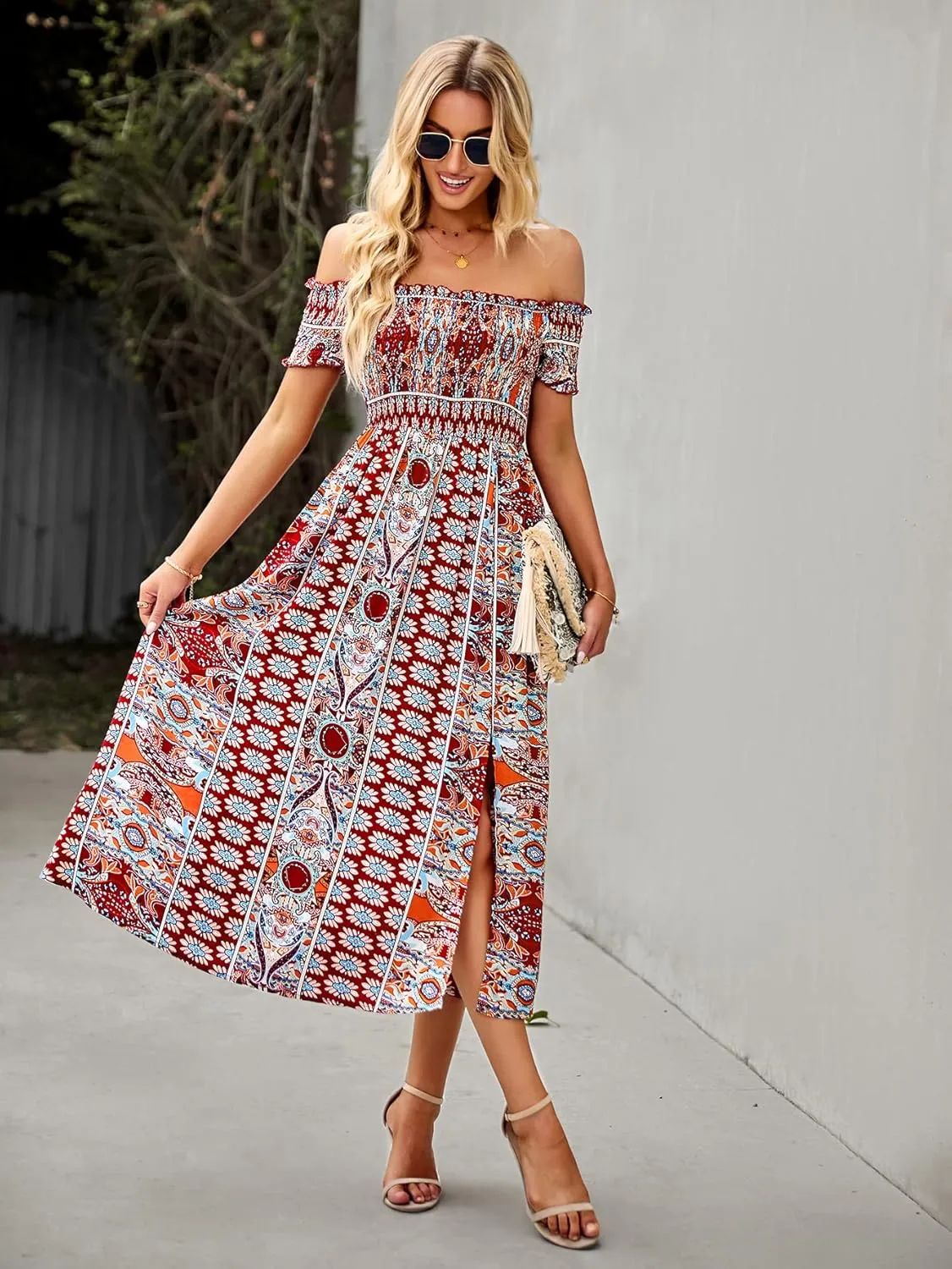 ROYUNA Women's Off The Shoulder Dresses Boho Flowy Smocked Maxi Sundress Beach Vacation Summer Dress 2024