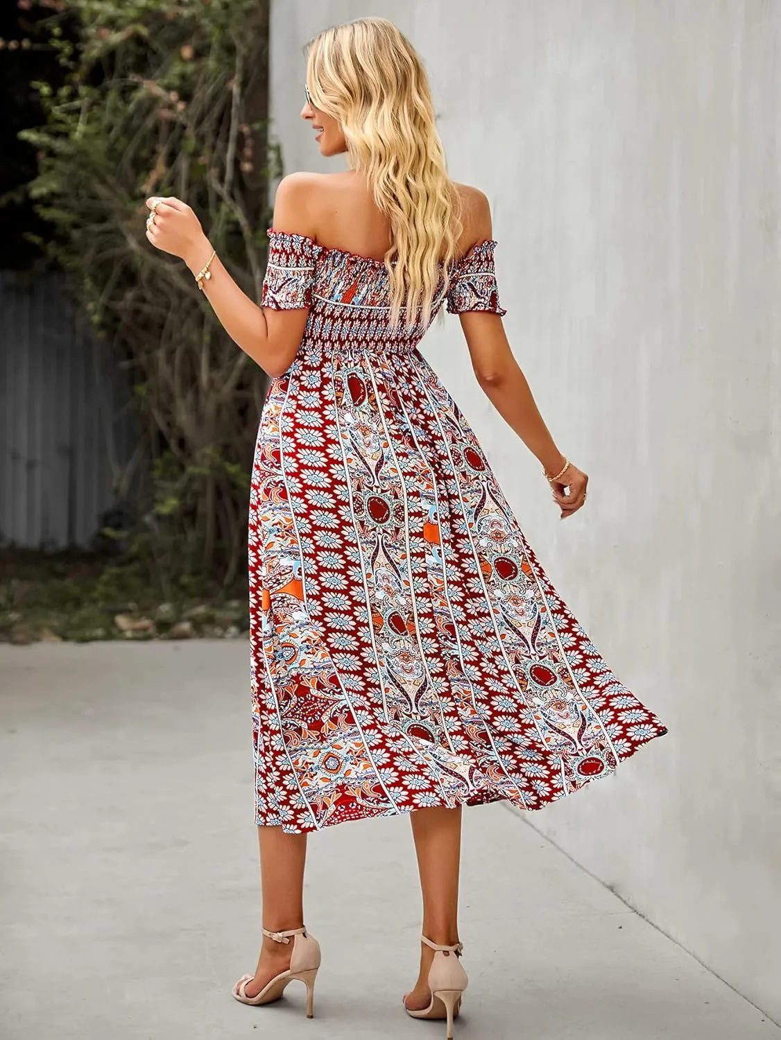 ROYUNA Women's Off The Shoulder Dresses Boho Flowy Smocked Maxi Sundress Beach Vacation Summer Dress 2024
