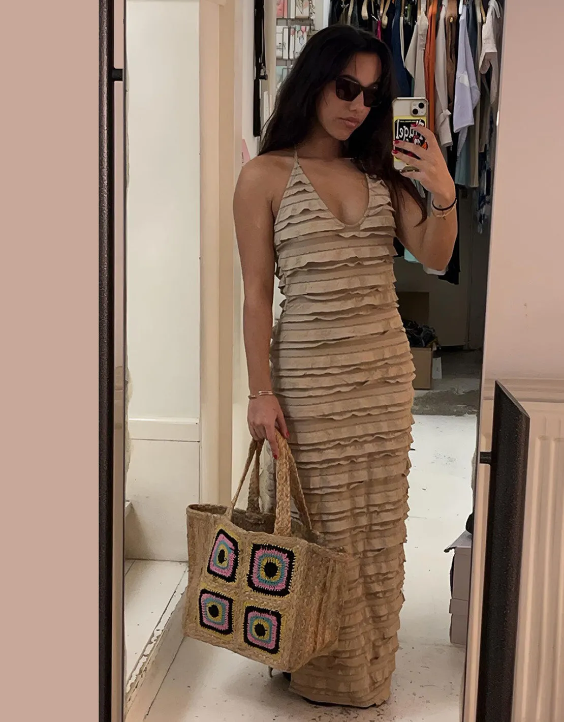 Ruffles backless dress with split