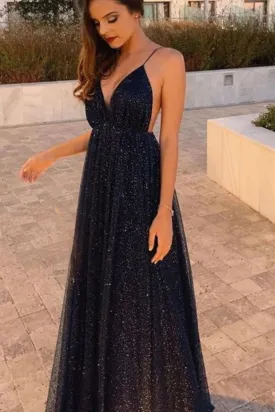 Shiny V Neck Backless Black Long Prom Dress, Backless Black Formal Dress, Sparkly Black Evening Dress