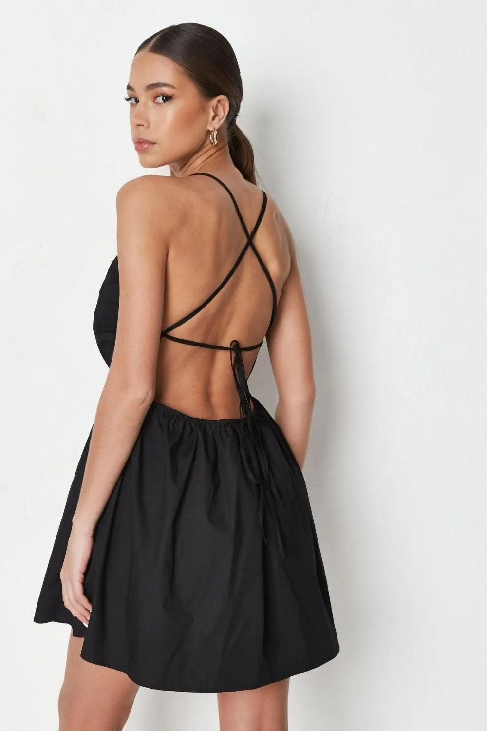 Shirred waist Backless Black Mini Dress