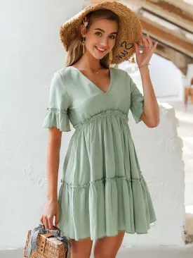 Simplee V-neck Tie Backless Frill Detail Smock Dress
