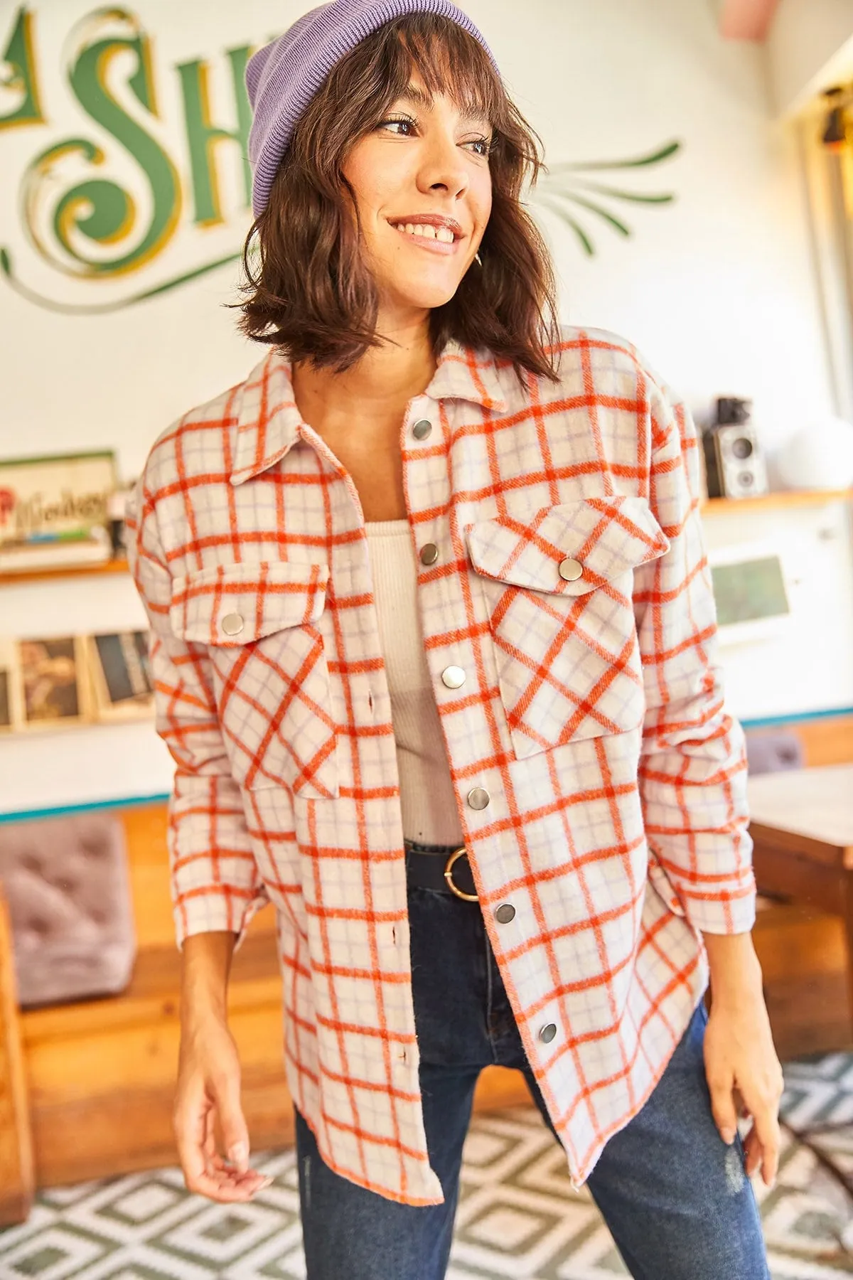 Slim Plaid Oversize Cachet Shirt,Slim Chic Shirt, Casual Plaid Fashionable Shirt, Trendy Cachet, Fall Fashion, Autumn Essential,Gift For Her