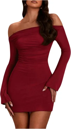 SOLY HUX Women's Ruched Off The Shoulder Bodycon Mini Dress Long Sleeve Party Dresses