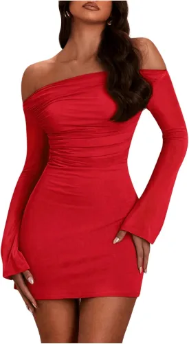 SOLY HUX Women's Ruched Off The Shoulder Bodycon Mini Dress Long Sleeve Party Dresses